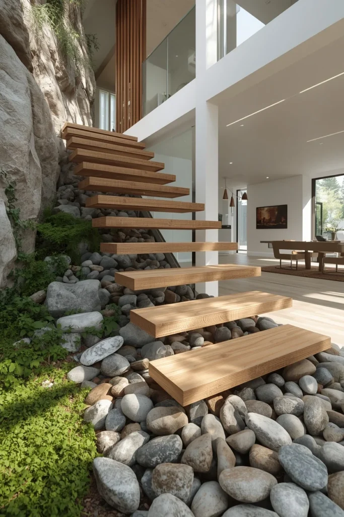 staircase, featuring wood or stone steps hovering above a bed of smooth river stones 