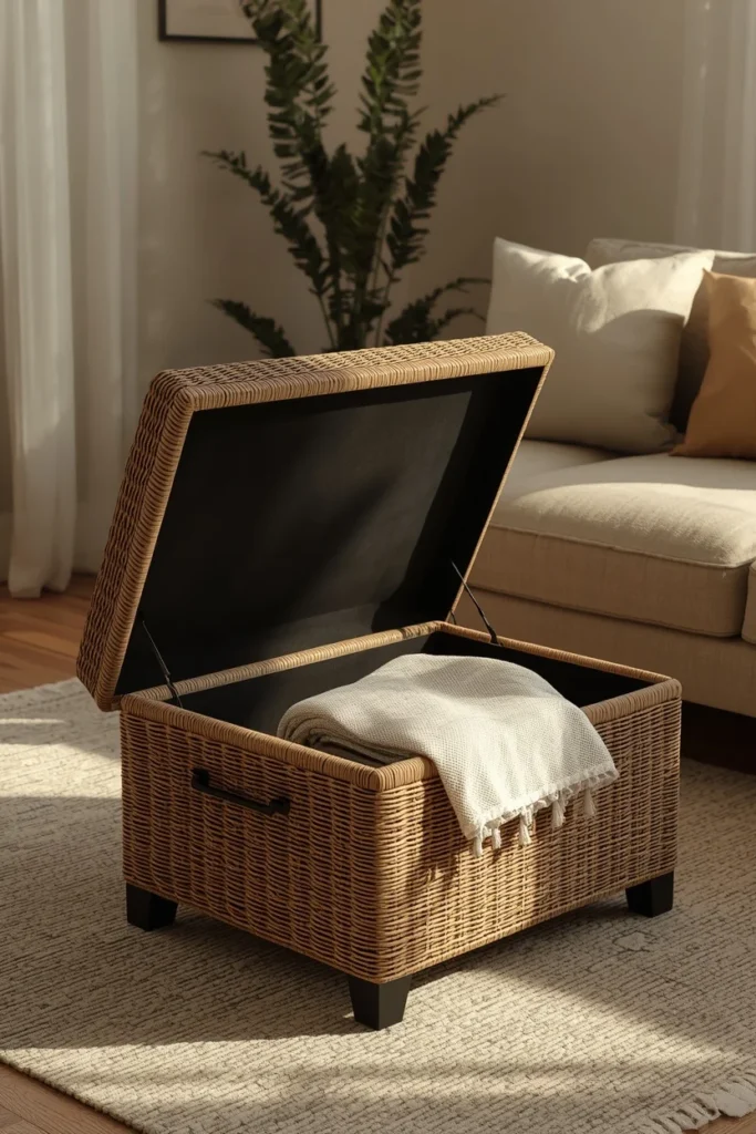 studio apartment living room, featuring a woven storage ottoman