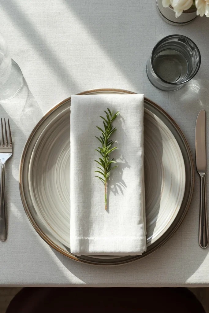 dining table place setting close-up, featuring a simply folded white linen napkin