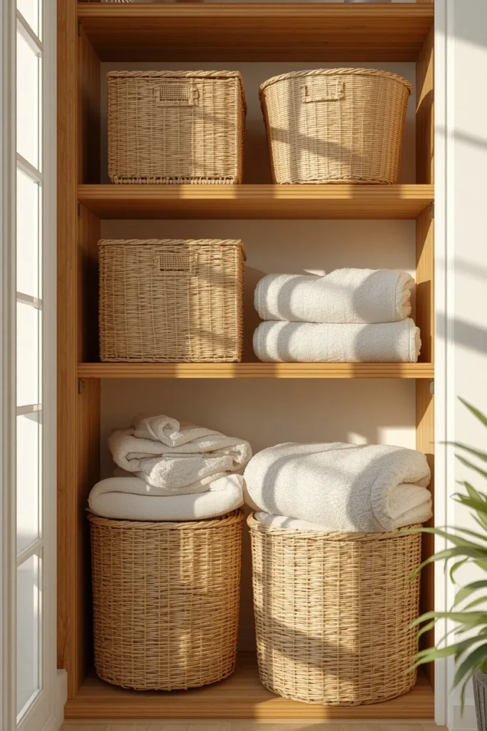 summer house living room, featuring a set of woven seagrass storage baskets