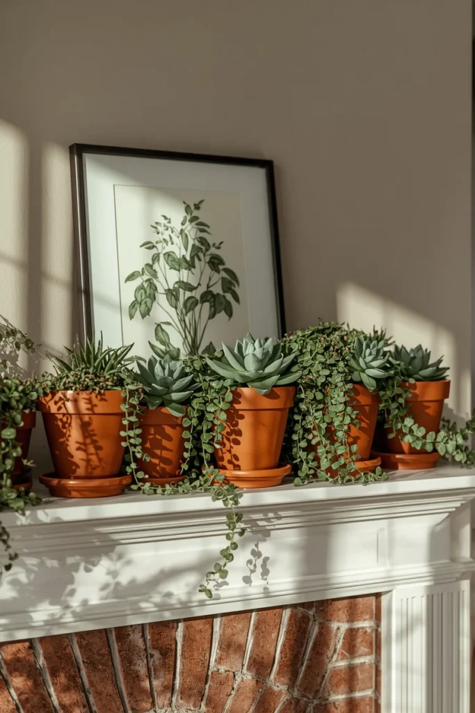 fireplace mantel, featuring a cluster of terra cotta pots 