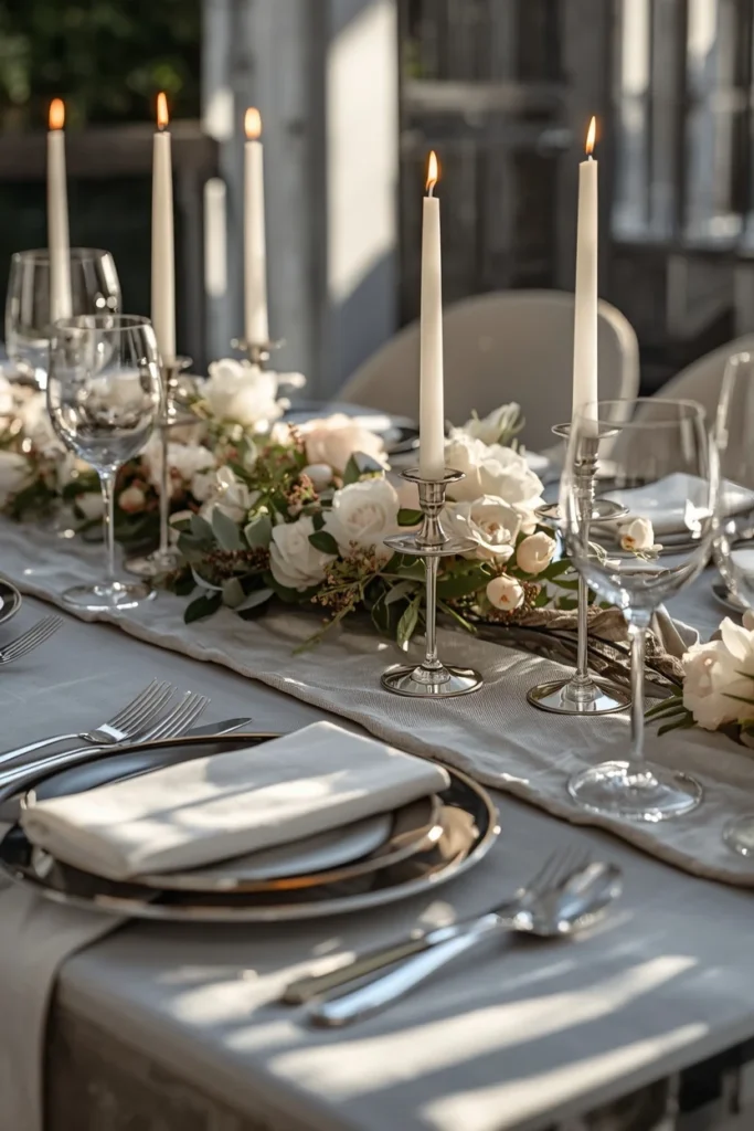  elegant summer dinner table featuring silvery shimmering linen,