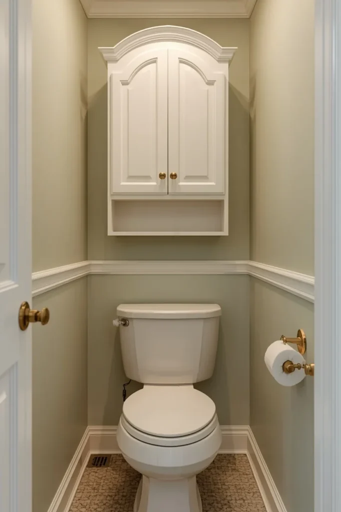 small powder room, featuring a white arched-front wall-mounted cabinet