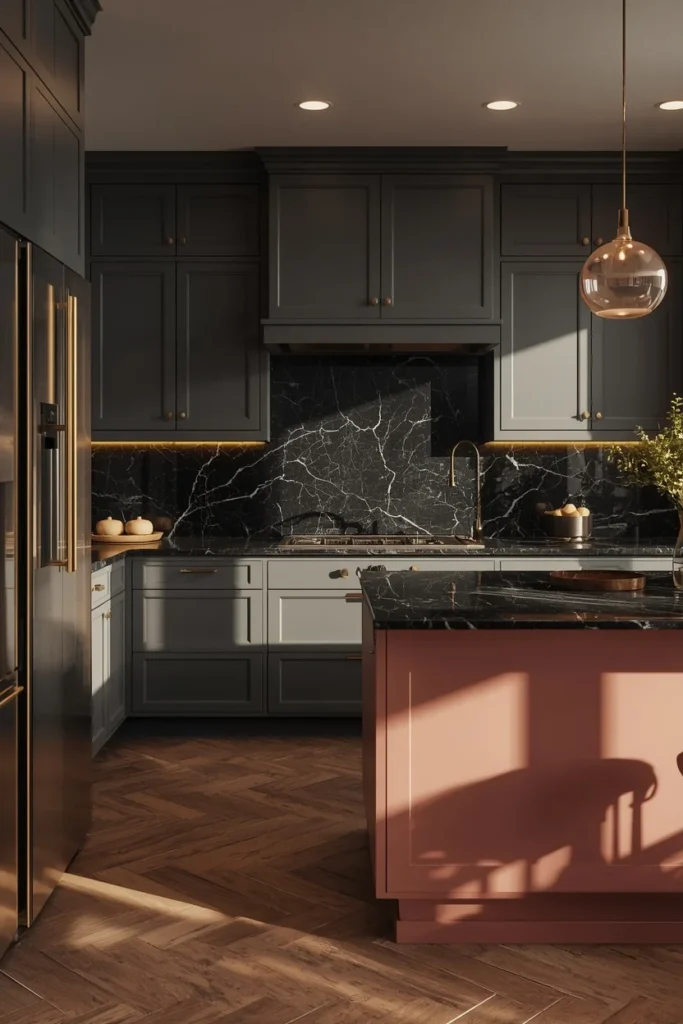  kitchen, featuring a dusty rose kitchen island against charcoal gray perimeter cabinets