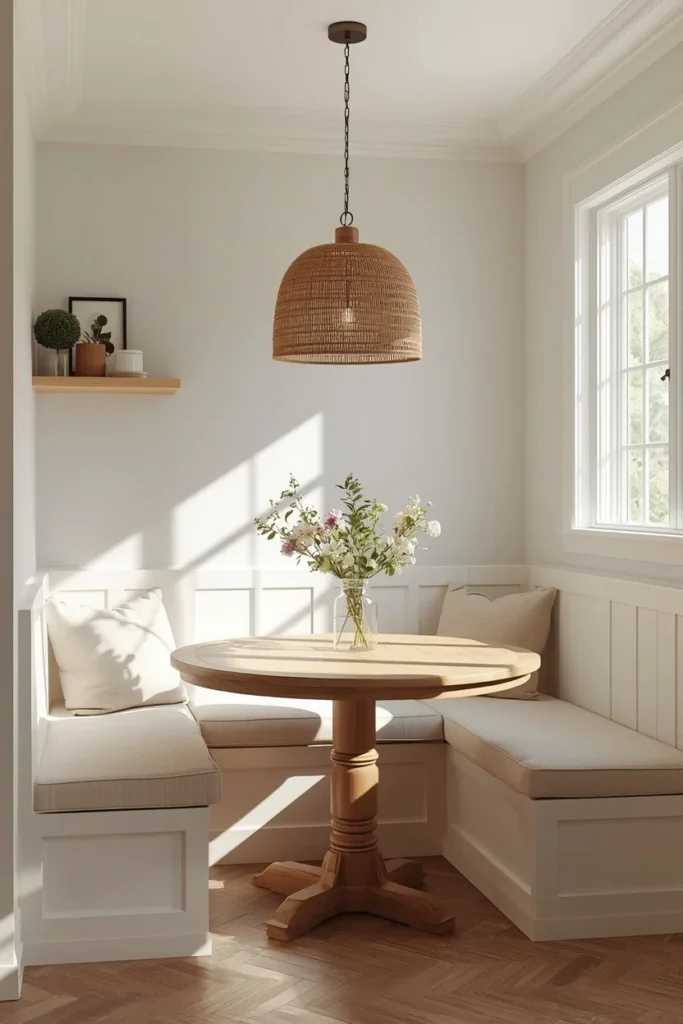 20 White Kitchen Ideas That Are Bright, Fresh & Absolutely Dreamy 17 breakfast nook, featuring a white built-in banquette bench