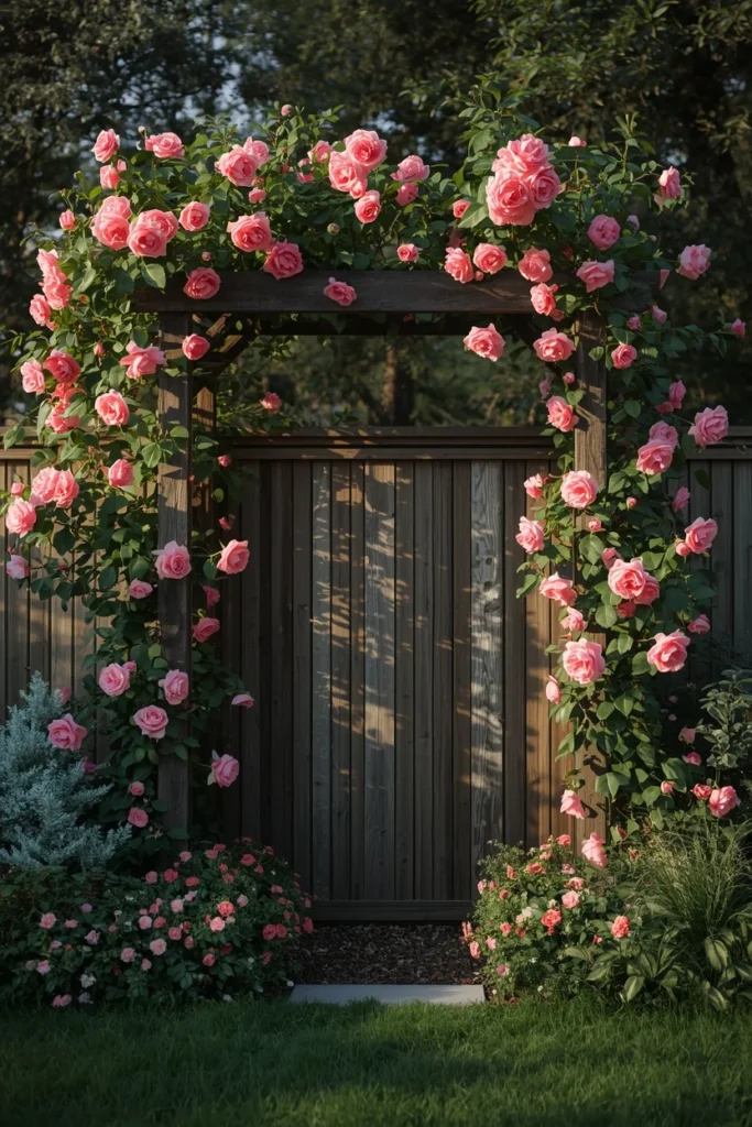 English garden backyard exterior, featuring a wood privacy fence