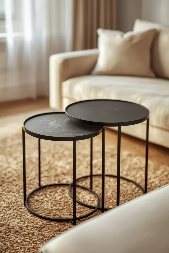 25 Apartment Living Room Ideas That Are Stylish, Smart and Totally Renter-Safe 19 apartment living room, featuring a matte black nesting coffee table