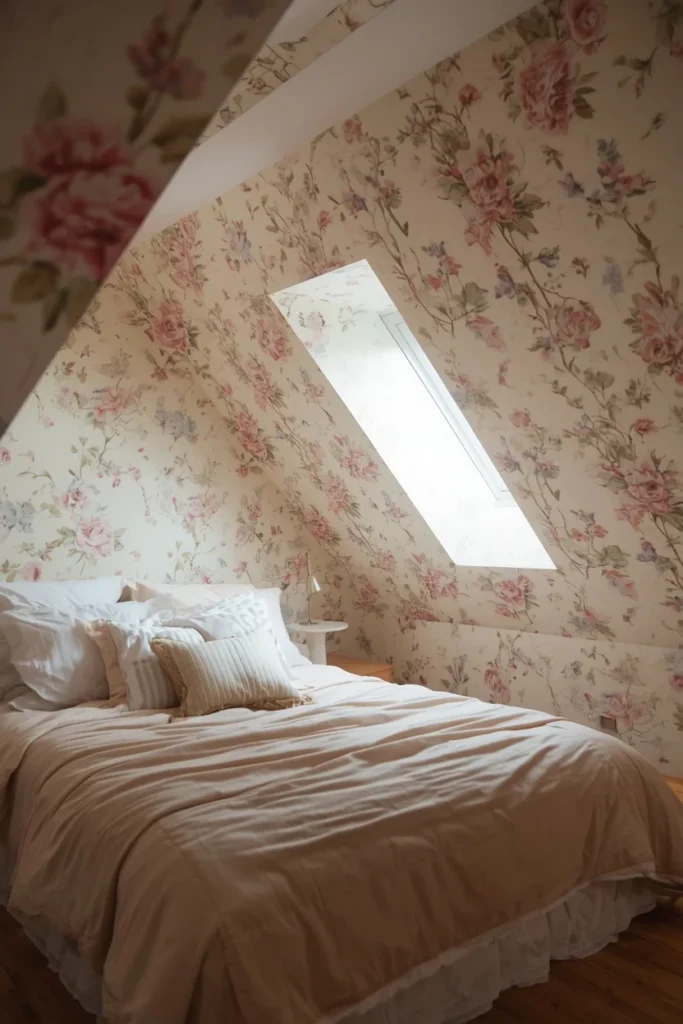  attic bedroom shot, featuring delicate floral wallpaper 
