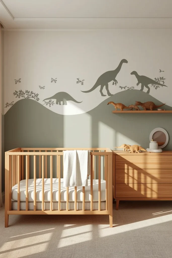 18 Baby Boy Nursery Themes That Are Cute, Creative & Absolutely Charming 19 baby nursery, featuring a muted sage and olive dinosaur silhouette wallpaper