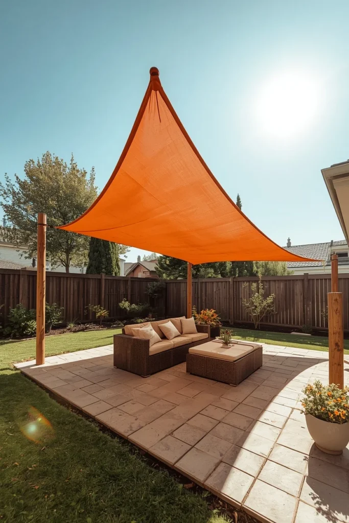 backyard, featuring a taut triangular UV-rated shade 