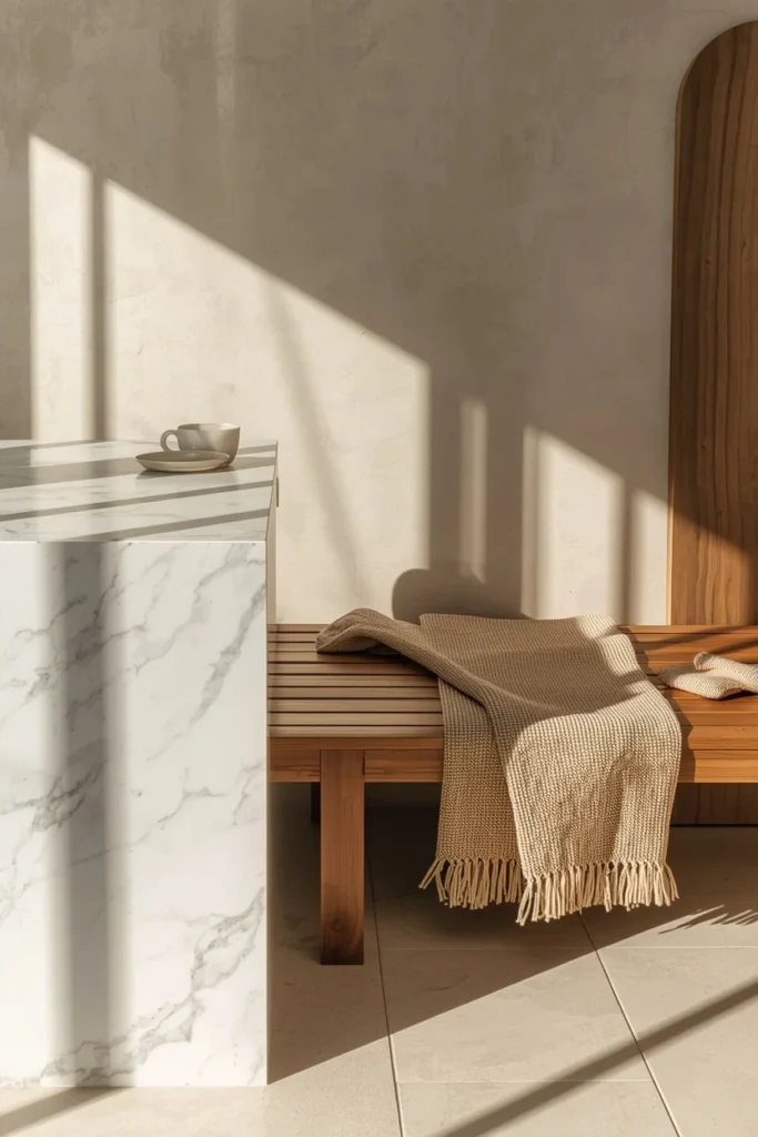 pool house styling detail shot, featuring water-resistant quartz countertop