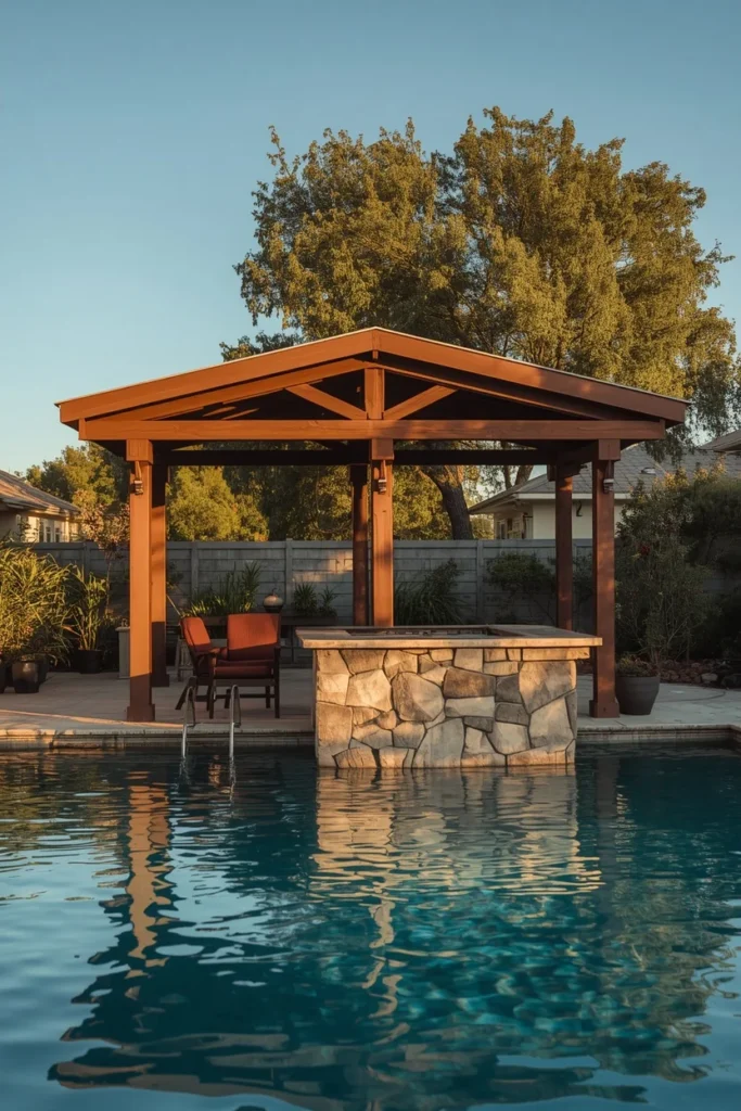 backyard pool, featuring a swim-up bar with submerged stools