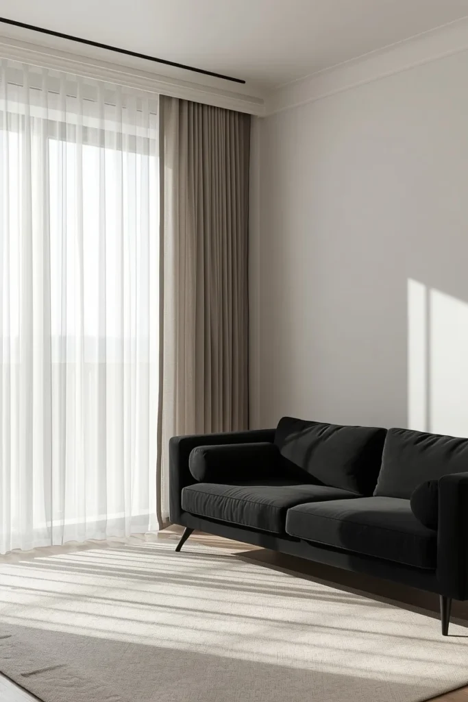 living room, featuring a black sofa with floor-to-ceiling sheer curtains 