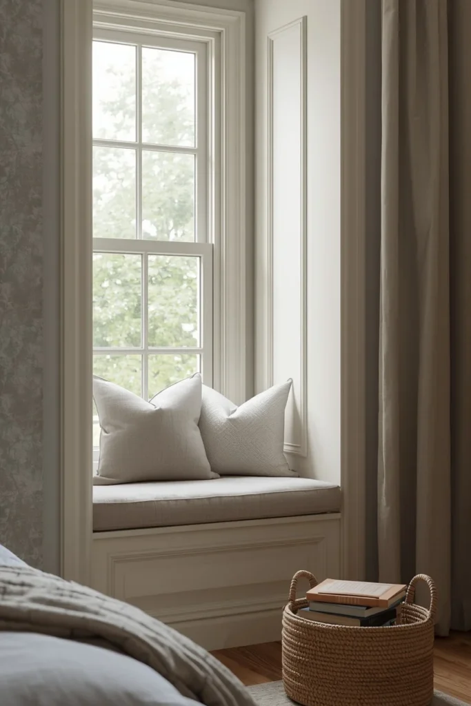 bedroom window nook shot, featuring a linen cushion seat 