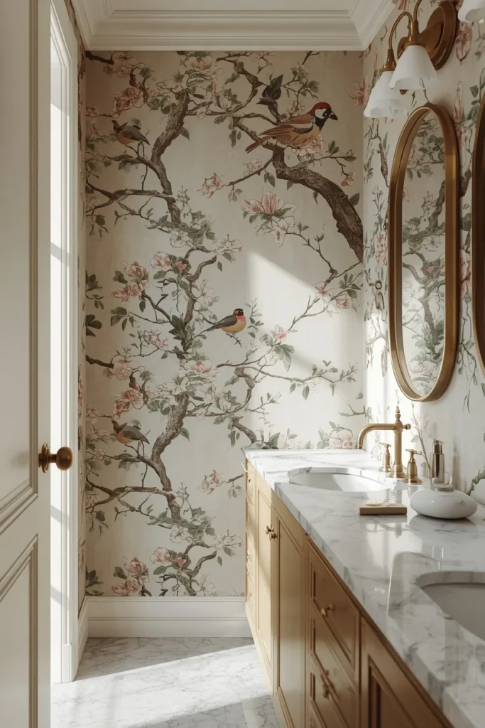 primary bathroom, featuring chinoiserie botanical wallpaper 