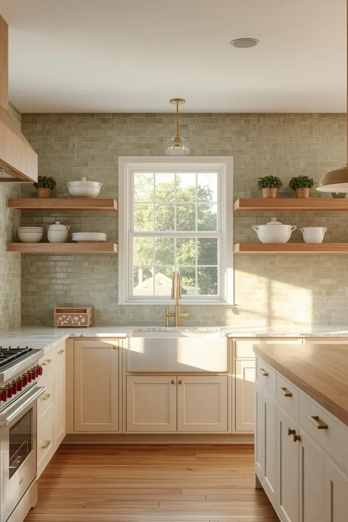 Sage Green Zellige With Cream Cabinets Full Coverage country kitchen
