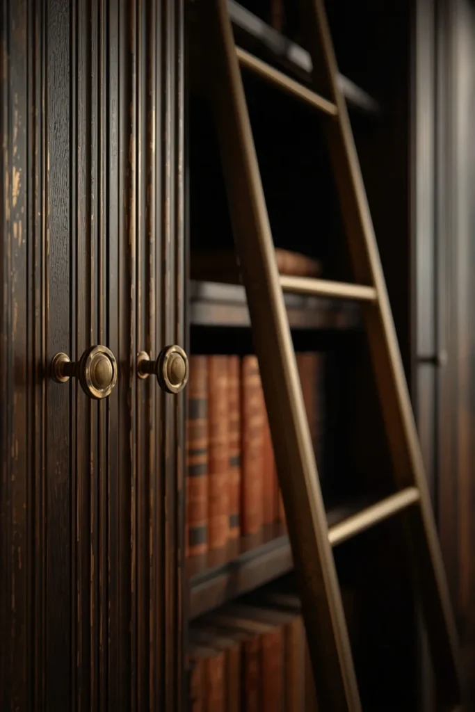 24 Dream Home Library Ideas That Are So Beautiful They'll Take Your Breath Away 19 home library, featuring close-up detail of aged brass cabinet