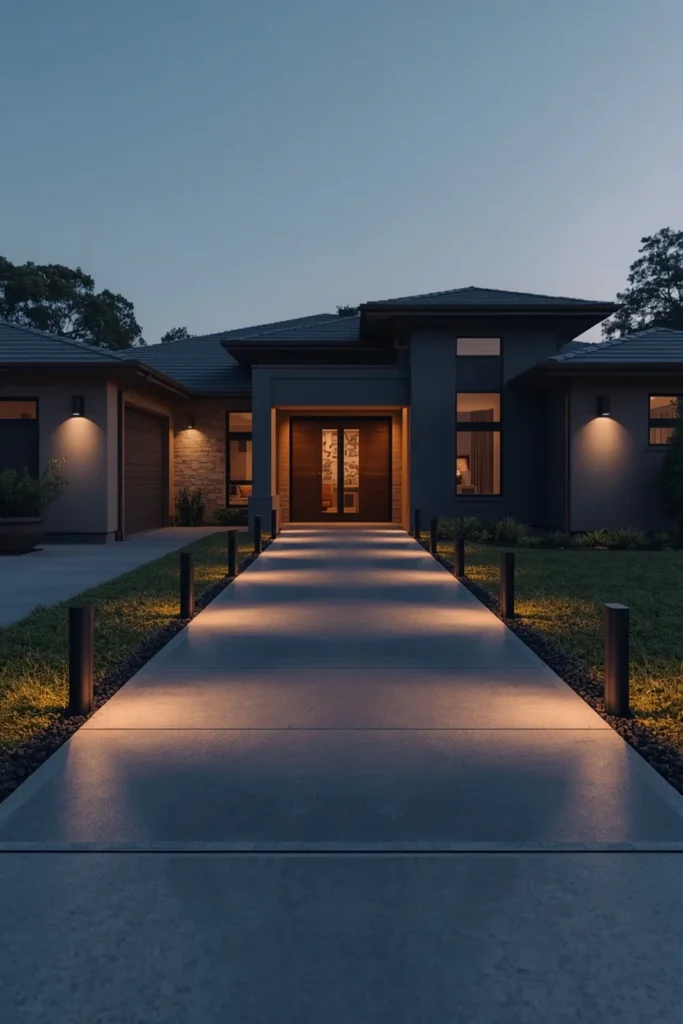 modern home exterior at twilight, featuring a concrete driveway