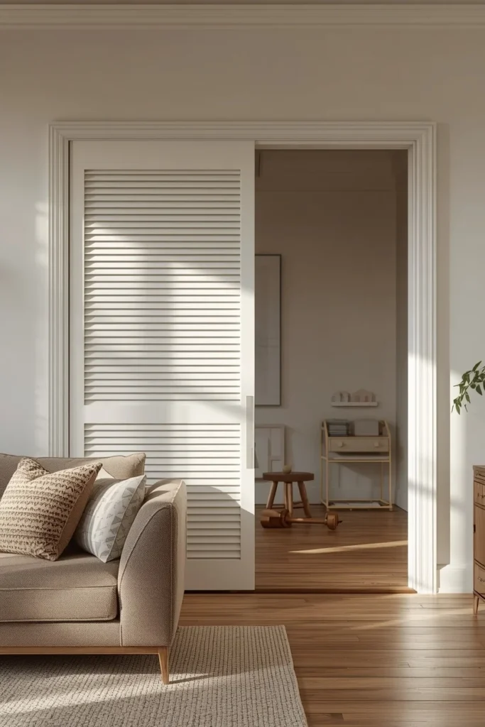 family room, featuring a louvered sliding divider 