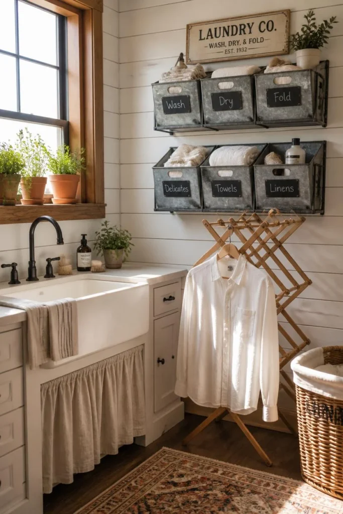 20 Farmhouse Bathroom Ideas That Are Rustic, Cozy & Utterly Gorgeous 19 Rustic farmhouse bathroom with integrated laundry nook