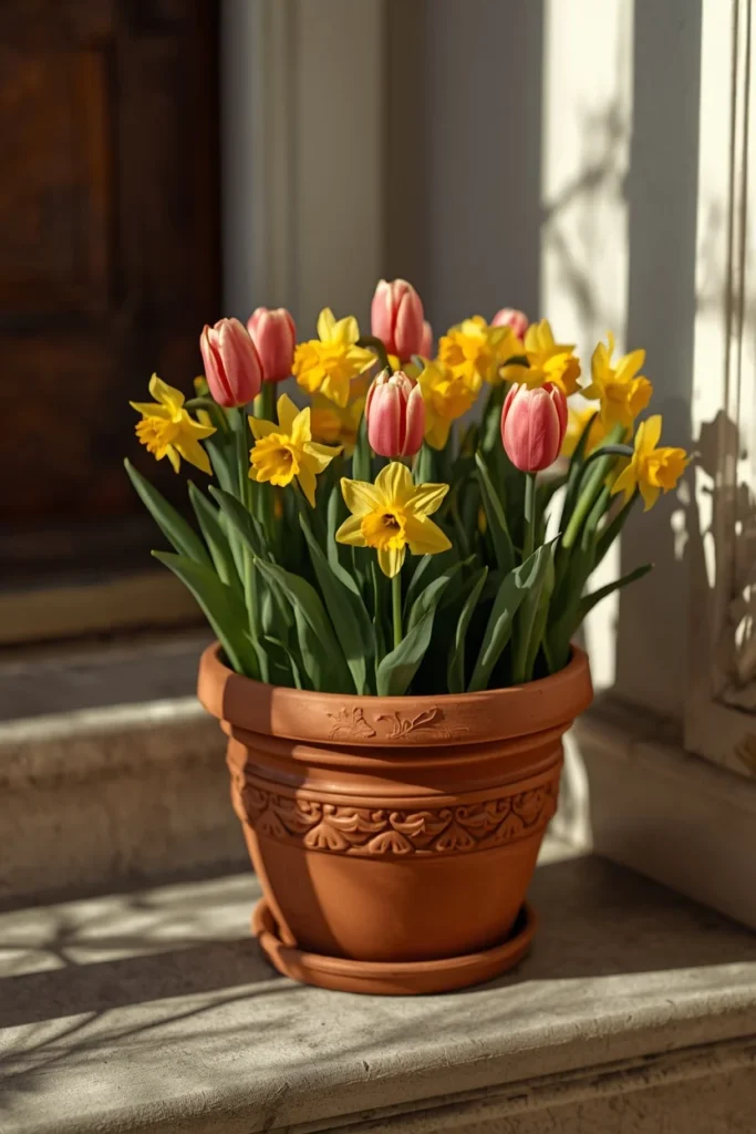 22 Front Porch Flower Ideas That Make Your Home's Entrance Bloom Beautifully 19 terracotta pot filled with blooming pink and yellow tulips