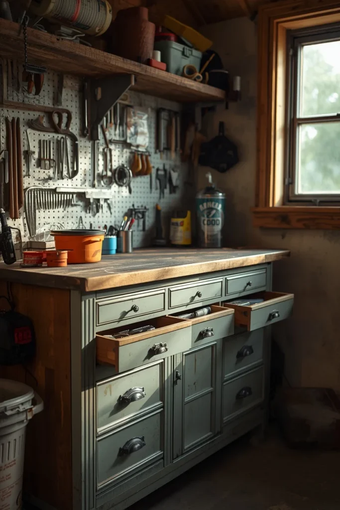 19 Garage Storage Ideas That Finally Tame the Chaos & Look Great Doing It 19 garage workbench shot, featuring a repurposed painted dresser