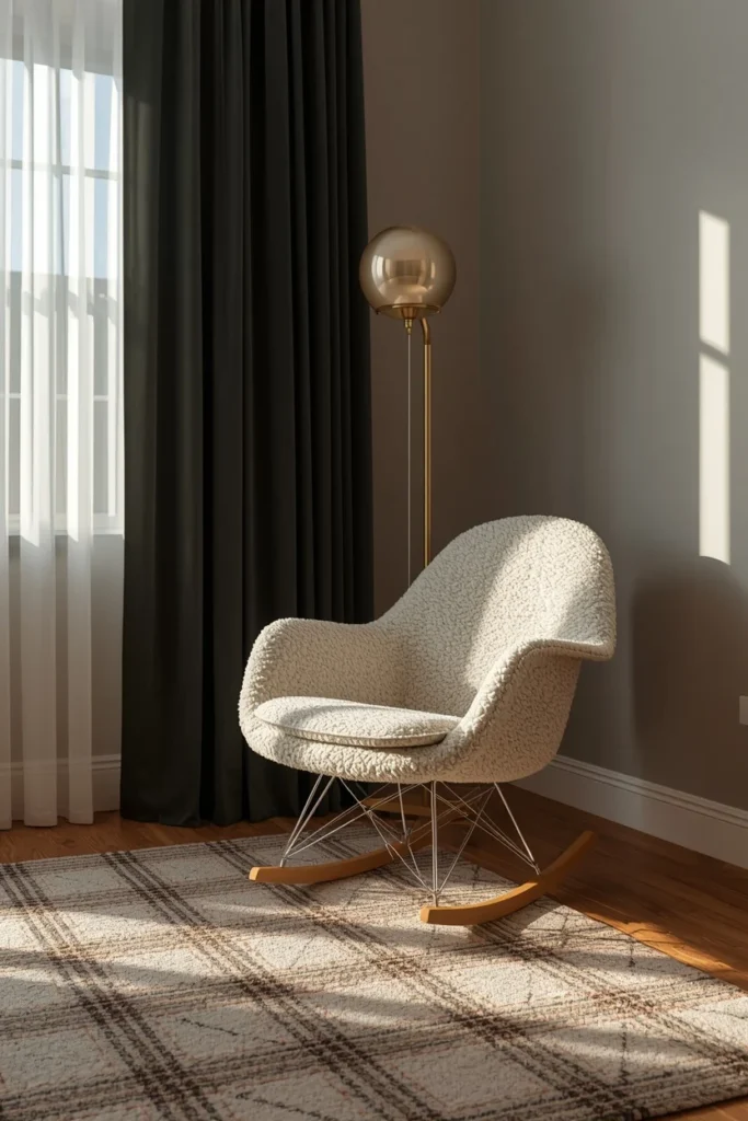 19 Gender Neutral Nursery Ideas That Are Modern, Stylish & Perfectly Timeless 19 nursery, featuring a bouclé glider chair, a plaid area rug,