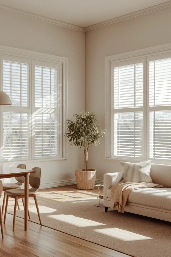 20 Genius Ways to Connect Your Living & Dining Room Seamlessly & Stylishly 19 open concept room, featuring identical white wood blinds