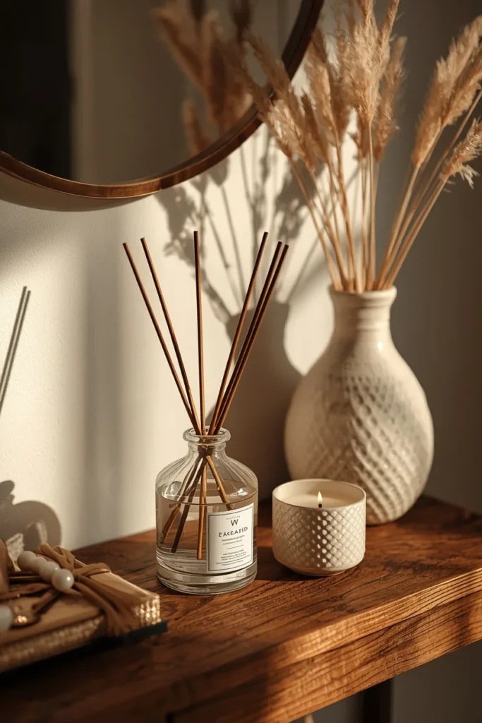 22 Home Entrance Decor Ideas That Make a Stunning First Impression Every Time 19 entryway console styling, featuring a glass reed diffuser