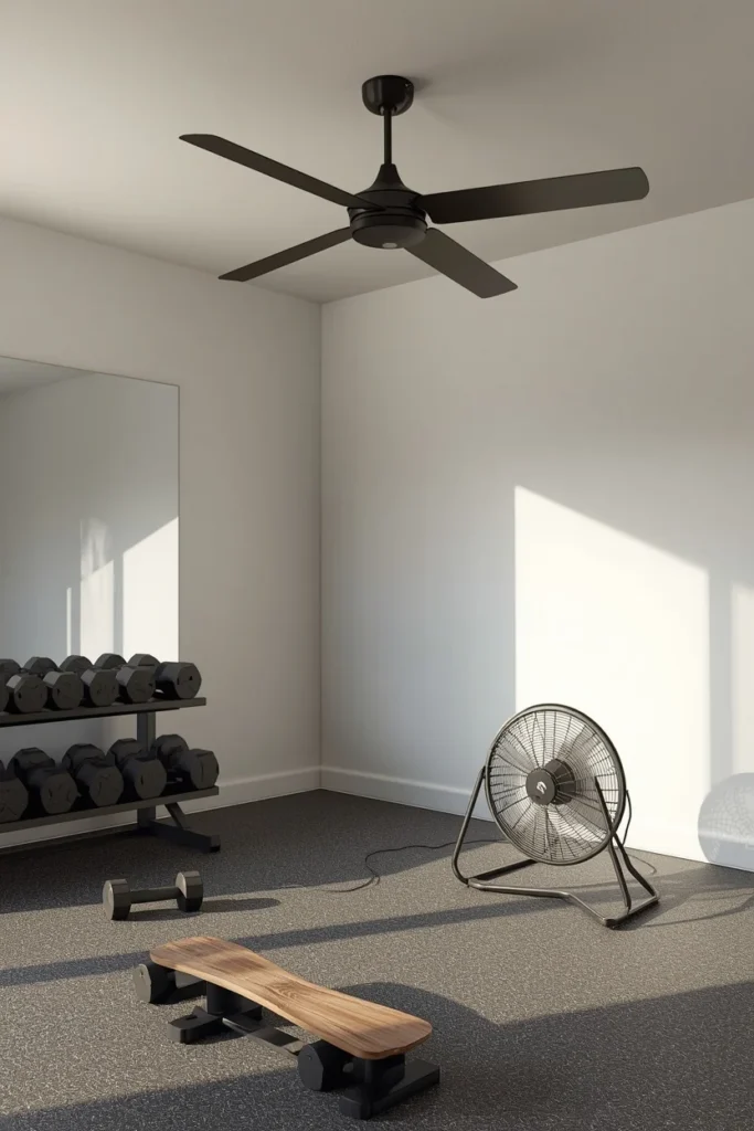 home gym, featuring a sleek ceiling fan 