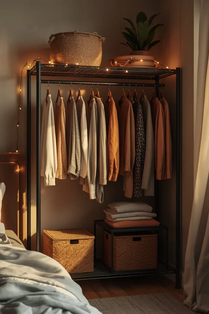 small bedroom corner, featuring an open metal shelving frame