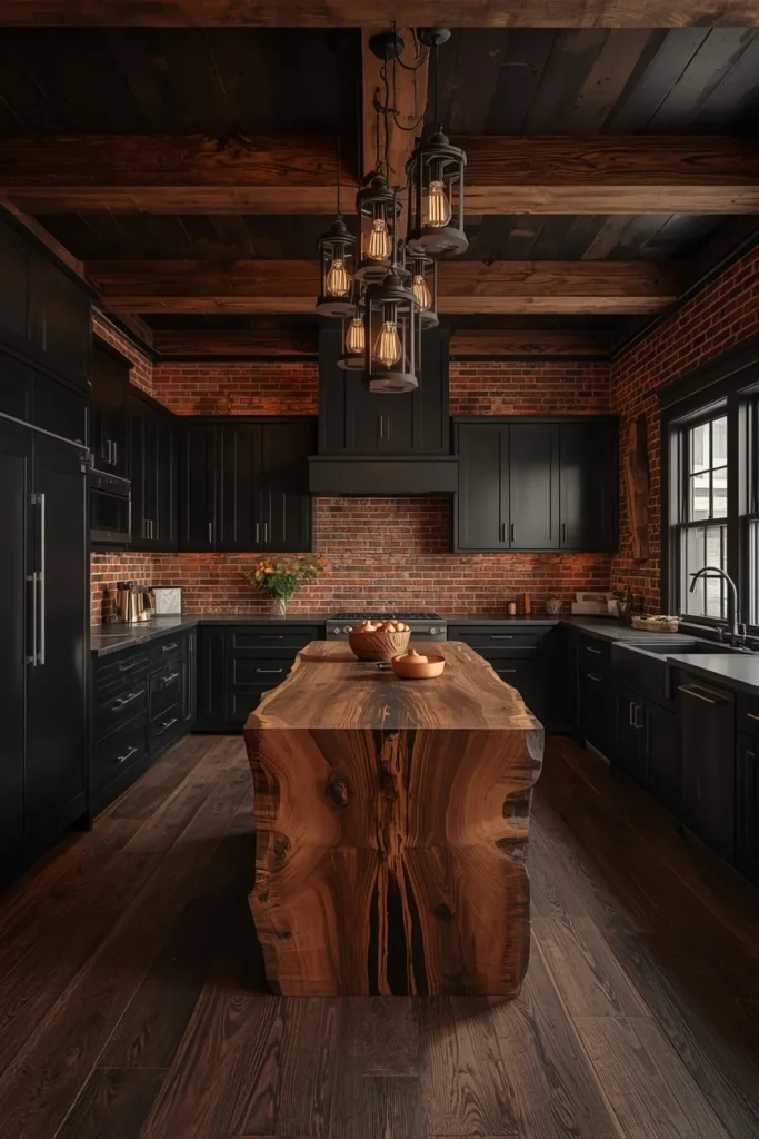 dark rustic kitchen aesthetic, matte black floor-to-ceiling cabinetry 