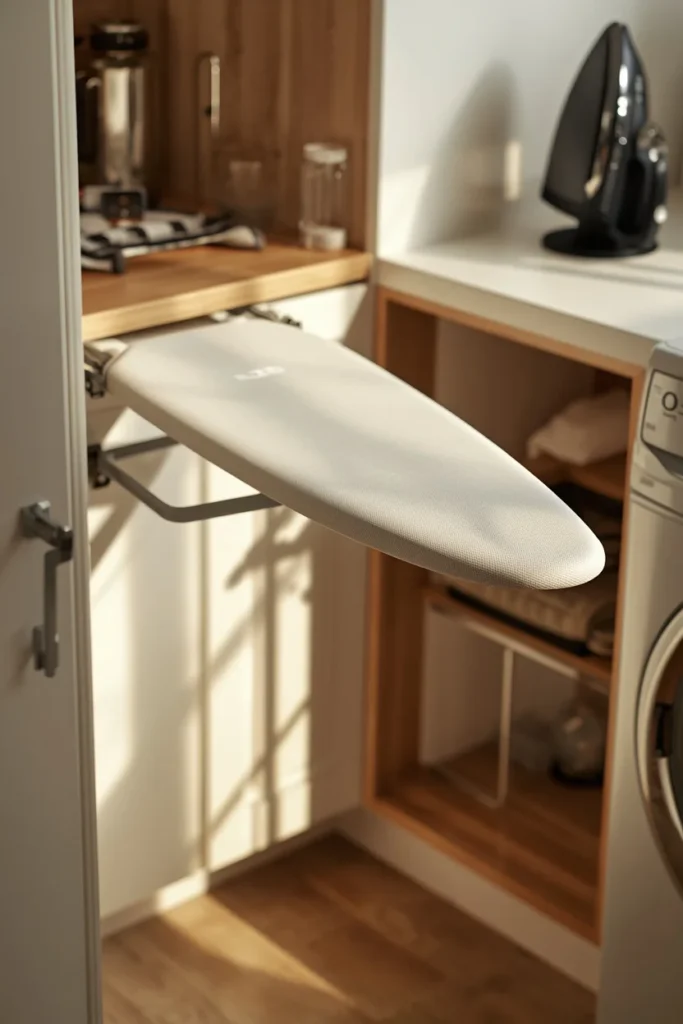 23 Laundry Room Design Ideas That Turn a Chore Space Into a Design Feature 19 built-in pull-out ironing board in a laundry room, featuring a cabinet drawer
