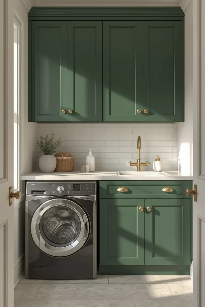 24 Laundry Room Ideas That Make the Most Dreaded Chore Actually Enjoyable 19 laundry room, featuring deep forest green shaker cabinetry,