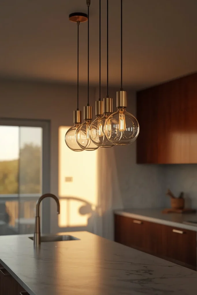 22 Mid Century Modern Kitchen Designs That Are Timeless & Stunning 18 modern kitchen, featuring a cluster of sculptural brass