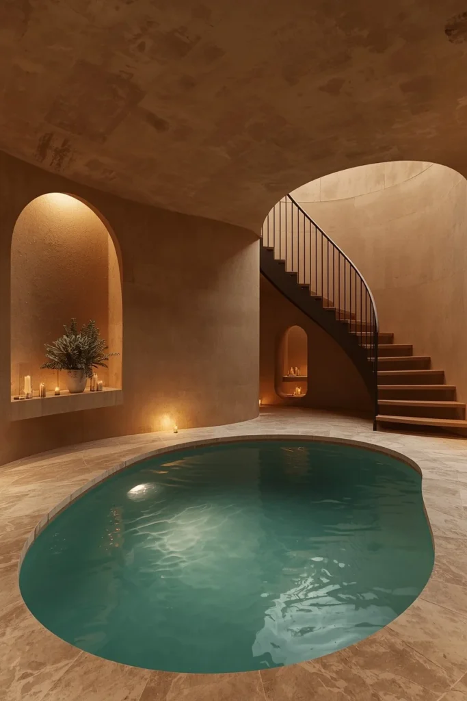 organic curved luxury indoor pool, freeform kidney-shaped pool 