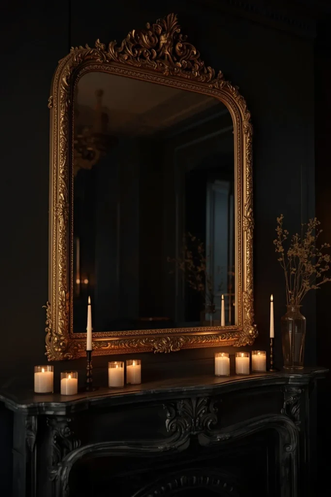 22 Moody Living Room Ideas That Are Rich, Dark & Incredibly Inviting 19 living room, featuring a large ornate gold-framed mirror