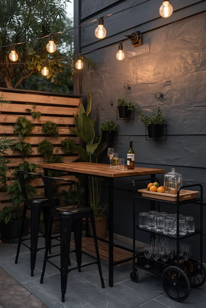24 Outdoor Patio Furniture Ideas That Are Stylish, Comfy & Weather-Ready 19 outdoor bar patio corner, featuring a bar-height wood-top table