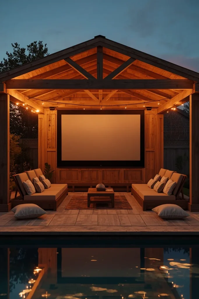 21 Pool House Ideas That Make Your Backyard Feel Like a Luxury Resort 19 backyard pool house, featuring an outdoor movie screen,