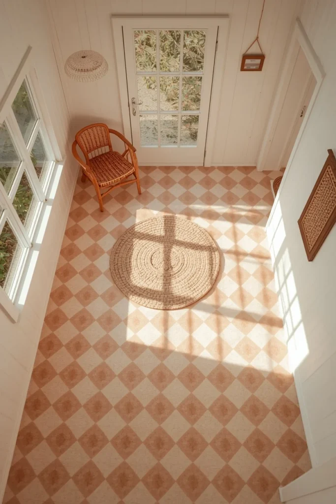  she shed interior, featuring a hand-painted soft-color checkerboard floor pattern