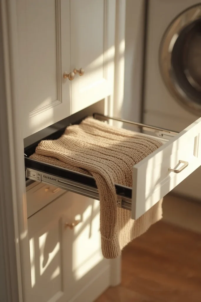 21 Small Laundry Room Ideas That Pack Function & Style Into Every Inch 19 small laundry room, featuring a pull-out drawer drying rack