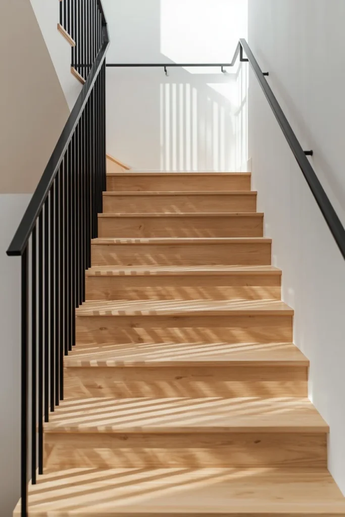 staircase, featuring thin black rails repeated in a tight even pattern