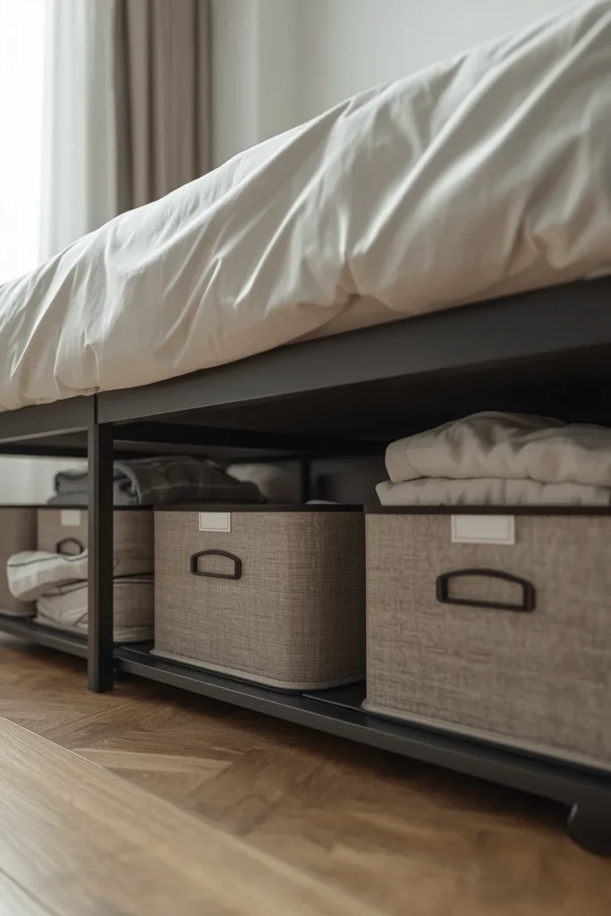  studio apartment bedroom, featuring a low bed frame 