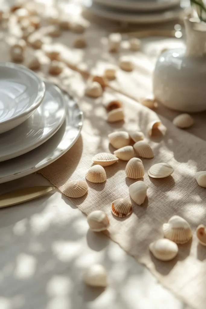 dining table styling vignette, featuring small natural seashells 