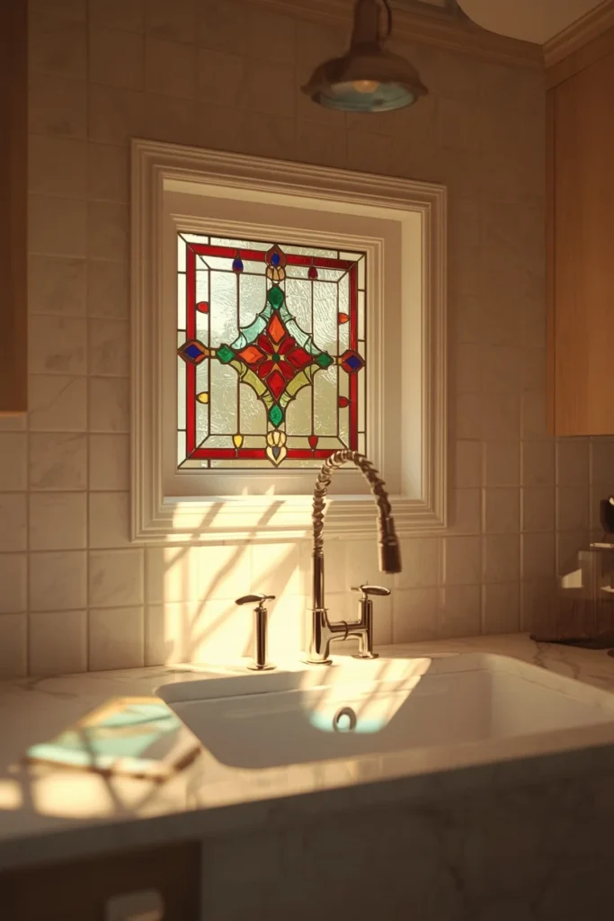  summer house kitchen, featuring a small stained glass window 