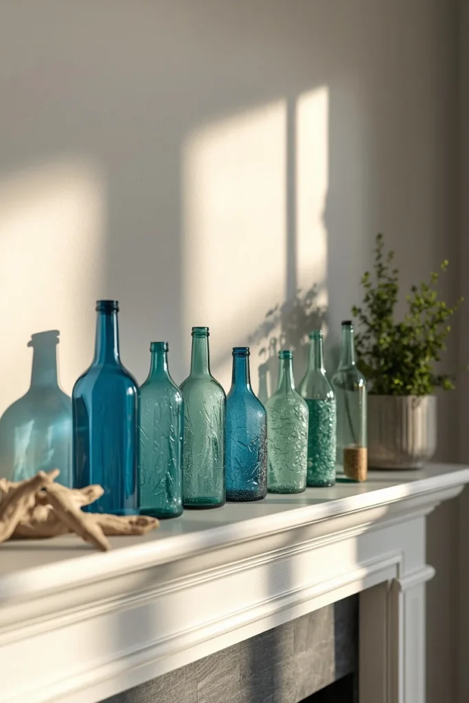  fireplace mantel, featuring a collection of sea glass bottles in blue and green tones