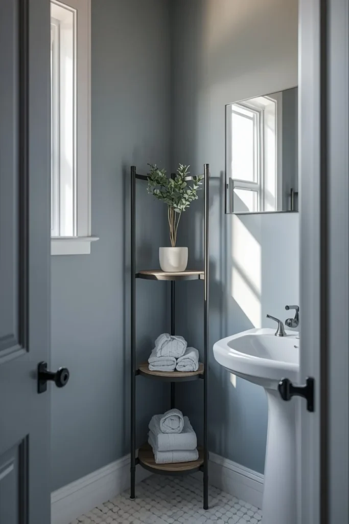  tiny powder room, featuring a slim tiered corner shelf unit 