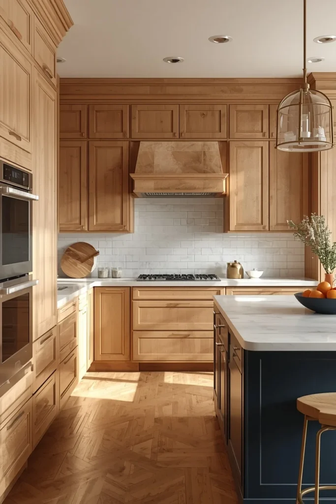 kitchen, featuring warm stone-toned perimeter cabinetry and a deep navy kitchen island