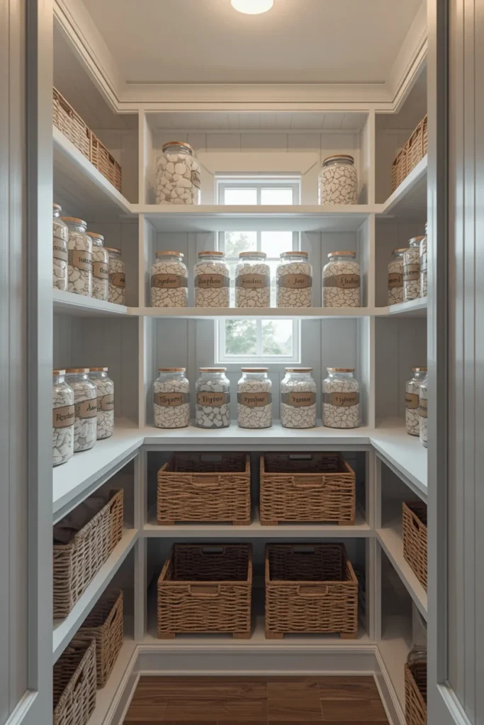 20 White Kitchen Ideas That Are Bright, Fresh & Absolutely Dreamy 18 walk-in pantry, featuring white open shelving,