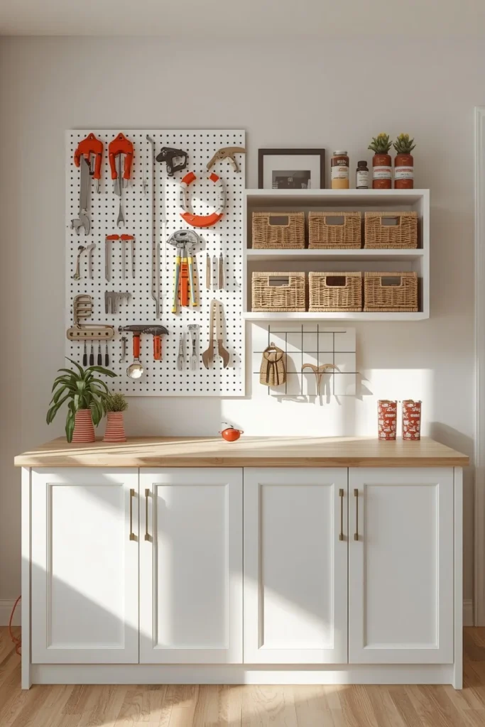 home office, featuring wall-mounted pegboard 
